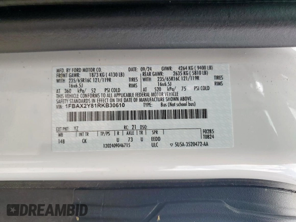 2024 Ford Transit Passenger XL с VIN 1FBAX2Y81RKB30610, выставлен на аукционе Copart как лот 59320285 с пробегом 13 435 миль миль и Списание • Salvage title. История ставок и продаж доступна на DreamBid. Изображение 13.