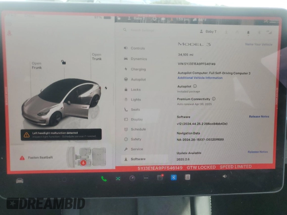 2023 Tesla Model 3 with VIN 5YJ3E1EA9PF546149, listed as a Copart auction lot 52104365 with 34,105 mi miles and Salvage Title. Bid and sale history available at DreamBid. Image 9.