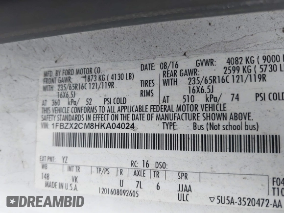 2017 Ford Transit Passenger XL с VIN 1FBZX2CM8HKA04024, выставлен на аукционе IAAI как лот 42264367 с пробегом 142 100 миль миль и . История ставок и продаж доступна на DreamBid. Изображение 9.