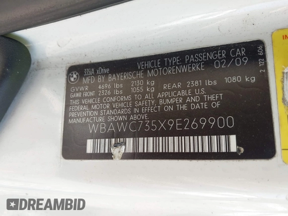 2009 BMW 3 Series 335i xDrive with VIN WBAWC735X9E269900, listed as a IAAI auction lot 42142117 with Not Provided miles and . Bid and sale history available at carsss.com. Image 9.