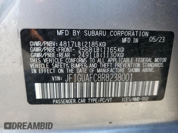 2024 Subaru Impreza Sport with VIN JF1GUAFC8R8238001, listed as a Copart auction lot 72200324 with 25,589 mi miles and Salvage Title. Bid and sale history available at carsss.com. Image 13.
