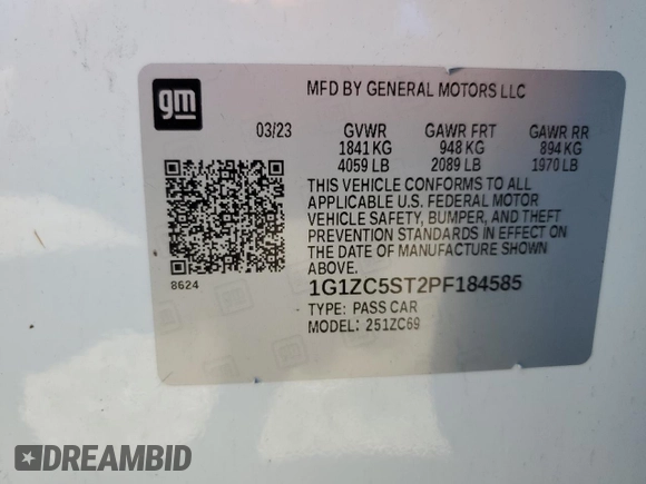 2023 Chevrolet Malibu LS with VIN 1G1ZC5ST2PF184585, listed as a Copart auction lot 52514585 with Not Provided miles and Clean Title. Bid and sale history available at DreamBid. Image 12.