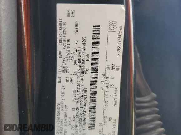 2018 Ford F-150 XL with VIN 1FTEW1CP1JKC93187, listed as a Copart auction lot 55758315 with Not provided miles and Salvage title. Bid and sale history available at DreamBid. Image 12.