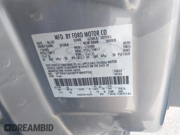 2007 Ford F-150 STX with VIN 1FTRX12W87FB65702, listed as a IAAI auction lot 42333095 with 319,576 mi miles and . Bid and sale history available at DreamBid. Image 9.