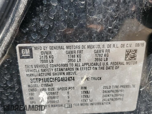 2015 GMC Sierra 1500 SLE z VIN 3GTP1UEC5FG482474, wystawiony jako Copart lot #56134745 z przebiegiem Nie podano mil oraz Szkoda całkowita • Salvage title. Historia ofert i sprzedaży dostępna na DreamBid. Obrazek 12.