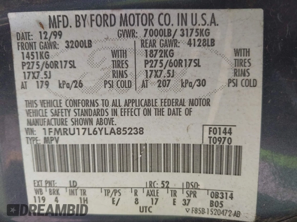 2000 Ford Expedition Eddie Bauer with VIN 1FMRU17L6YLA85238, listed as a IAAI auction lot 42629535 with Not provided miles and . Bid and sale history available at DreamBid. Image 9.