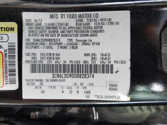 2013 Lincoln MKZ with VIN 3LN6L2G90DR828374, listed as a IAAI auction lot 42272529 with 137,640 mi miles and . Bid and sale history available at DreamBid. Image 9.