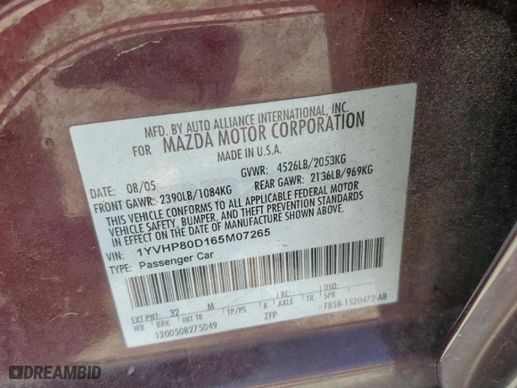 2006 Mazda Mazda6 Grand Touring s with VIN 1YVHP80D165M07265, listed as a Copart auction lot 73018174 with 0 mi miles and Salvage Title. Bid and sale history available at carsss.com. Image 15.