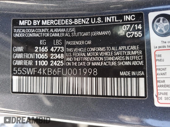 2015 Mercedes-Benz C 300 Luxury with VIN 55SWF4KB6FU001998, listed as a Copart auction lot 54602755 with 140,264 mi miles and Salvage Title. Bid and sale history available at carsss.com. Image 12.