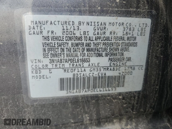 2014 Nissan Sentra SV with VIN 3N1AB7AP0EL616653, listed as a Copart auction lot 56721895 with 119,510 mi miles and Salvage title. Bid and sale history available at DreamBid. Image 12.