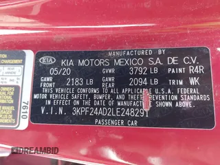 2020 Kia Forte LXS z VIN 3KPF24AD2LE248291, wystawiony jako IAAI lot #42084121 z przebiegiem 58 169 mil mil oraz . Historia ofert i sprzedaży dostępna na DreamBid. Obrazek 9.