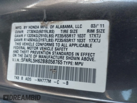 2011 Honda Odyssey EX-L with VIN 5FNRL5H62BB058765, listed as a IAAI auction lot 42017802 with 178,512 mi miles and . Bid and sale history available at carsss.com. Image 9.