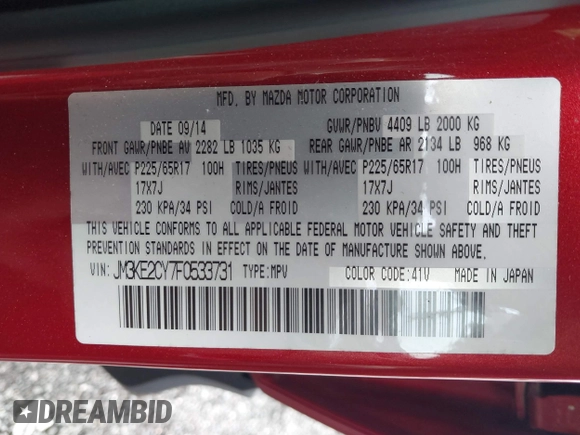 2015 Mazda CX-5 Touring with VIN JM3KE2CY7F0533731, listed as a IAAI auction lot 41876211 with 1 mi miles. Bid and sale history available at carsss.com. Image 9.