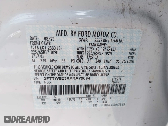 2023 Ford Maverick XL with VIN 3FTTW8E3XPRA79894, listed as a IAAI auction lot 41937080 with 26,650 mi miles and . Bid and sale history available at DreamBid. Image 9.