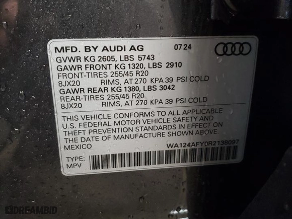 2024 Audi SQ5 Sportback Premium Plus with VIN WA124AFY0R2138097, listed as a Copart auction lot 79885334 with 73 mi miles and Salvage Title. Bid and sale history available at carsss.com. Image 12.