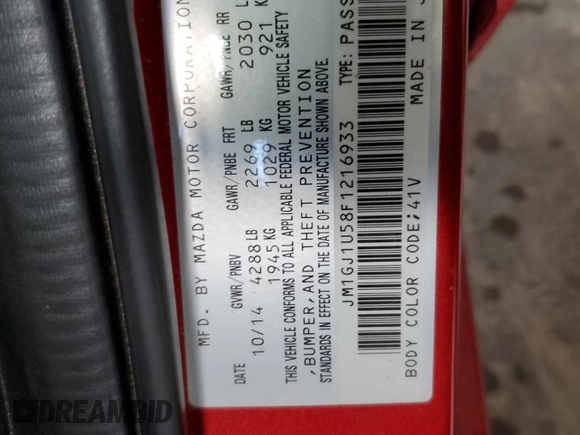 2015 Mazda 6 i Sport with VIN JM1GJ1U58F1216933, listed as a Copart auction lot 47897115 with Not Provided miles and Salvage Title. Bid and sale history available at DreamBid. Image 14.