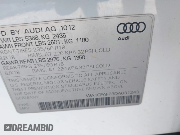 2013 Audi Q5 Premium with VIN WA1CFAFP3DA031243, listed as a IAAI auction lot 41670607 with 87,473 mi miles. Bid and sale history available at carsss.com. Image 9.