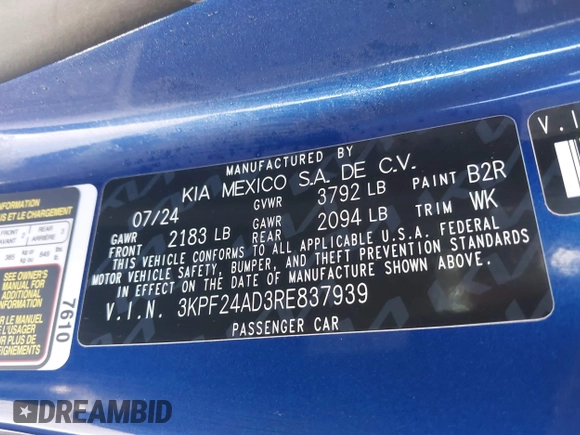 2024 Kia Forte LXS z VIN 3KPF24AD3RE837939, wystawiony jako IAAI lot #41407498 z przebiegiem Nie podano mil oraz . Historia ofert i sprzedaży dostępna na DreamBid. Obrazek 9.