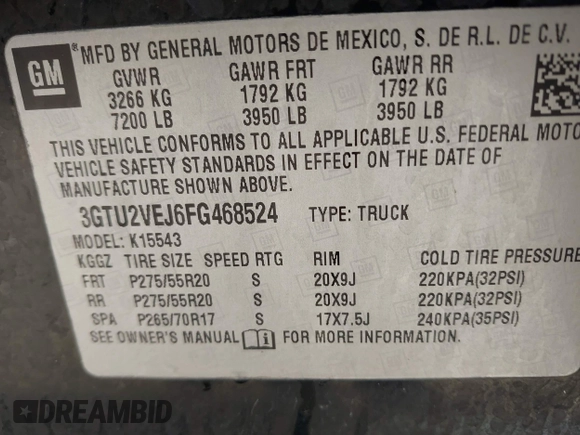 2015 GMC Sierra 1500 SLT with VIN 3GTU2VEJ6FG468524, listed as a IAAI auction lot 41193815 with Not Provided miles and . Bid and sale history available at DreamBid. Image 9.