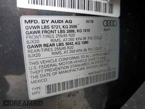 2019 Audi SQ5 Premium Plus with VIN WA1B4AFY2K2061142, listed as a Copart auction lot 81522643 with 50,108 mi miles and . Bid and sale history available at DreamBid. Image 16.