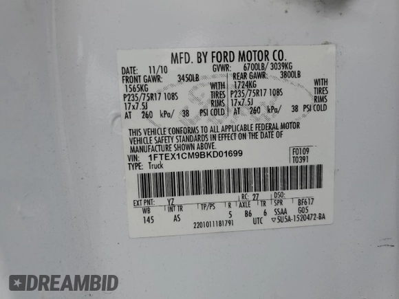 2011 Ford F-150 XL with VIN 1FTEX1CM9BKD01699, listed as a Copart auction lot 54330475 with 289,479 mi miles and Clean title. Bid and sale history available at DreamBid. Image 12.