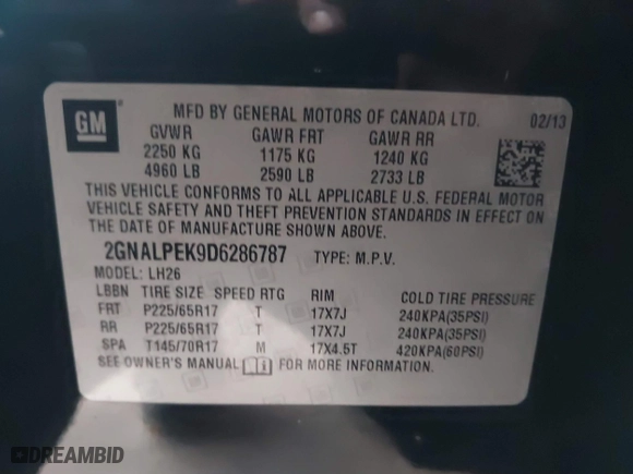 2013 Chevrolet Equinox LT with VIN 2GNALPEK9D6286787, listed as a IAAI auction lot 41562230 with 138,049 mi miles. Bid and sale history available at carsss.com. Image 9.