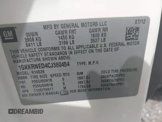 2012 GMC Acadia SL z VIN 1GKKRNED4CJ380454, wystawiony jako IAAI lot #42231513 z przebiegiem 93 739 mil mil oraz . Historia ofert i sprzedaży dostępna na DreamBid. Obrazek 9.