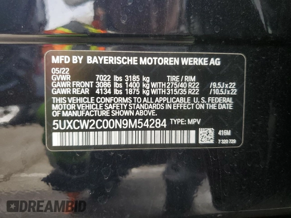 2022 BMW X7 xDrive40i with VIN 5UXCW2C00N9M54284, listed as a Copart auction lot 46675775 with 37,386 mi miles and Salvage Title. Bid and sale history available at carsss.com. Image 14.