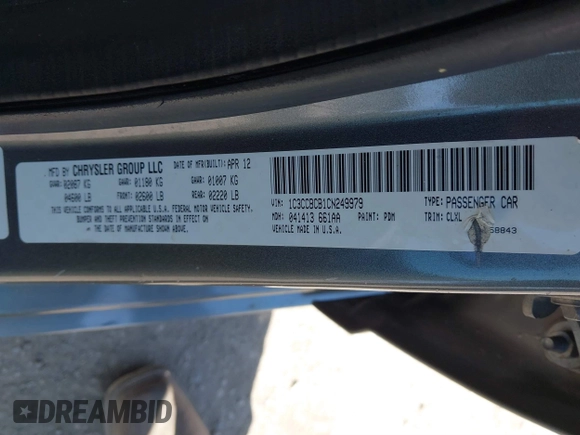 2012 Chrysler 200 Limited with VIN 1C3CCBCB1CN249979, listed as a IAAI auction lot 41838730 with 124,897 mi miles. Bid and sale history available at carsss.com. Image 9.