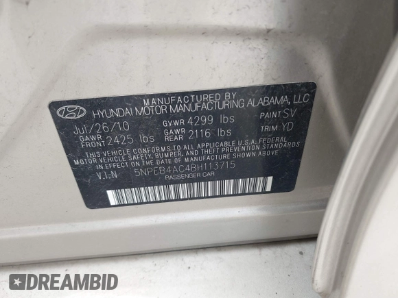 2011 Hyundai Sonata GLS with VIN 5NPEB4AC4BH113715, listed as a IAAI auction lot 42177439 with 183,176 mi miles and . Bid and sale history available at carsss.com. Image 9.