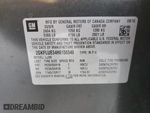 2017 GMC Terrain SLT with VIN 2GKFLUE34H6156349, listed as a Copart auction lot 49593695 with 82,334 mi miles and Salvage Title. Bid and sale history available at DreamBid. Image 13.