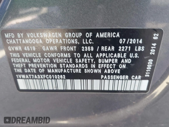 2015 Volkswagen Passat 1.8T Wolfsburg Ed with VIN 1VWAT7A3XFC010262, listed as a IAAI auction lot 41860210 with 99,775 mi miles. Bid and sale history available at carsss.com. Image 9.
