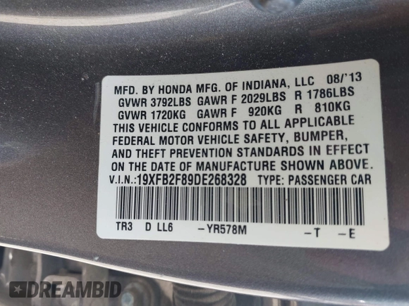 2013 Honda Civic EX with VIN 19XFB2F89DE268328, listed as a IAAI auction lot 42049105 with 121,176 mi miles and . Bid and sale history available at DreamBid. Image 9.