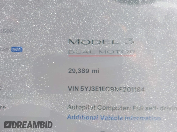2022 Tesla Model 3 Performance with VIN 5YJ3E1EC9NF201184, listed as a IAAI auction lot 41534959 with 29,389 mi miles and . Bid and sale history available at DreamBid. Image 7.