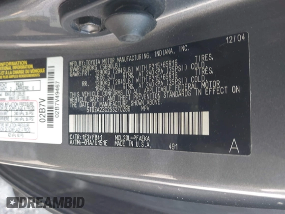 2005 Toyota Sienna CE with VIN 5TDZA23C25S270289, listed as a IAAI auction lot 41903213 with 175,542 mi miles. Bid and sale history available at carsss.com. Image 9.