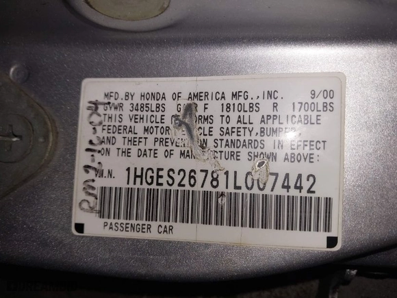 2001 Honda Civic EX with VIN 1HGES26781L007442, listed as a IAAI auction lot 41724581 with 253,736 mi miles. Bid and sale history available at carsss.com. Image 9.