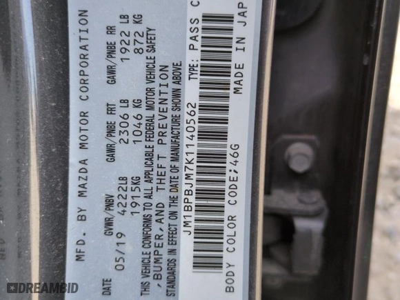 2019 Mazda Mazda3 Hatchback with VIN JM1BPBJM7K1140562, listed as a Copart auction lot 48569325 with 46,510 mi miles and Salvage Title. Bid and sale history available at carsss.com. Image 12.