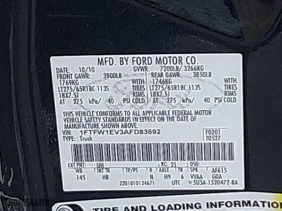 2010 Ford F-150 XL with VIN 1FTFW1EV3AFD83692, listed as a IAAI auction lot 40908537 with 1 mi miles. Bid and sale history available at carsss.com. Image 9.