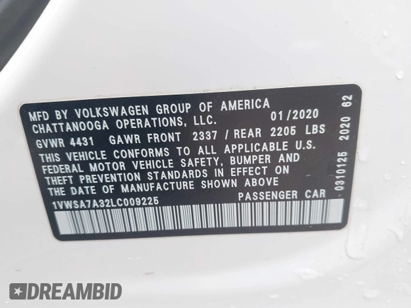 2020 Volkswagen Passat 2.0T SE with VIN 1VWSA7A32LC009225, listed as a IAAI auction lot 41385068 with 106,202 mi miles. Bid and sale history available at carsss.com. Image 9.