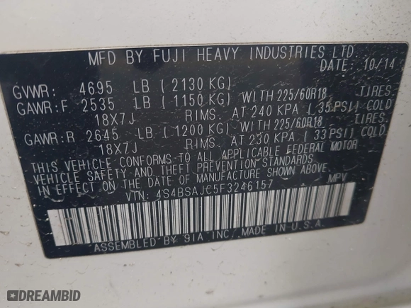 2015 Subaru Outback 2.5i Limited with VIN 4S4BSAJC5F3246157, listed as a IAAI auction lot 41931664 with 166,061 mi miles. Bid and sale history available at carsss.com. Image 9.