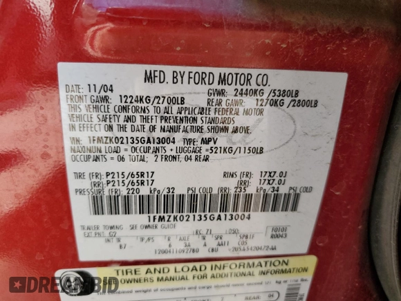 2005 Ford Freestyle SEL with VIN 1FMZK02135GA13004, listed as a Copart auction lot 62573365 with 147,425 mi miles and Salvage title. Bid and sale history available at DreamBid. Image 12.