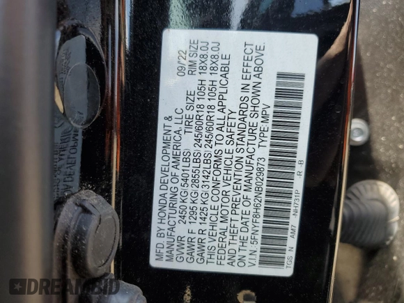 2022 Honda Passport TrailSport with VIN 5FNYF8H62NB029873, listed as a Copart auction lot 53582655 with 50,246 mi miles and Salvage Title. Bid and sale history available at DreamBid. Image 13.