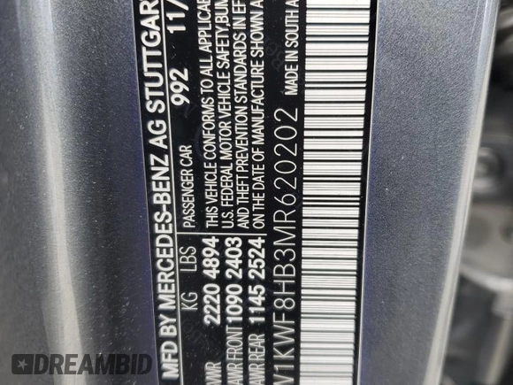 2021 Mercedes-Benz C with VIN W1KWF8HB3MR620202, listed as a Copart auction lot 46827165 with Not Provided miles and Salvage Title. Bid and sale history available at DreamBid. Image 12.