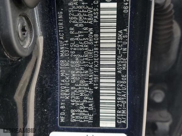 2014 Toyota Camry L with VIN 4T1BF1FK3EU381408, listed as a Copart auction lot 45779675 with 182,565 mi miles and Salvage Title. Bid and sale history available at carsss.com. Image 12.