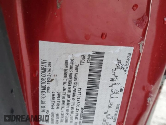2000 Ford Focus ZX3 with VIN 3FAFP3139YR183514, listed as a Copart auction lot 46569125 with Not Provided miles and Salvage Title. Bid and sale history available at carsss.com. Image 12.