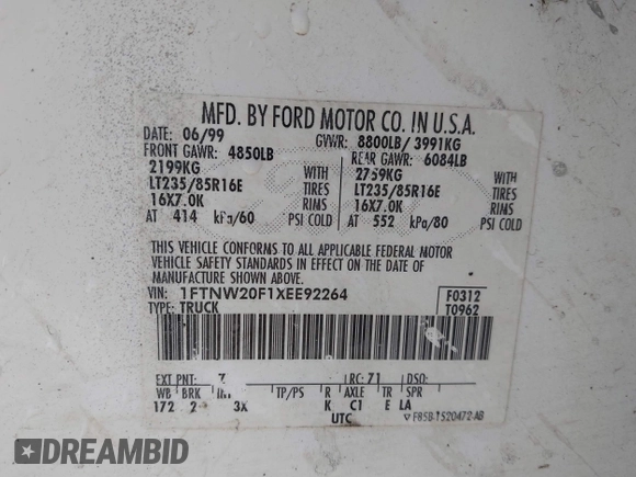 1999 Ford F-250 XL с VIN 1FTNW20F1XEE92264, выставлен на аукционе IAAI как лот 41548846 с пробегом 368 756 миль миль и . История ставок и продаж доступна на DreamBid. Изображение 9.