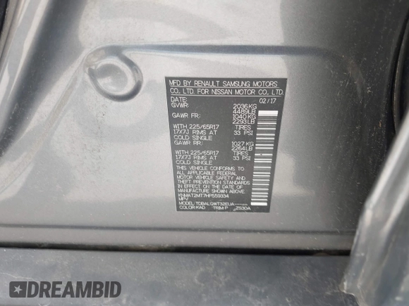 2017 Nissan Rogue SV with VIN KNMAT2MT7HP559334, listed as a IAAI auction lot 41913965 with 92,543 mi miles. Bid and sale history available at carsss.com. Image 9.