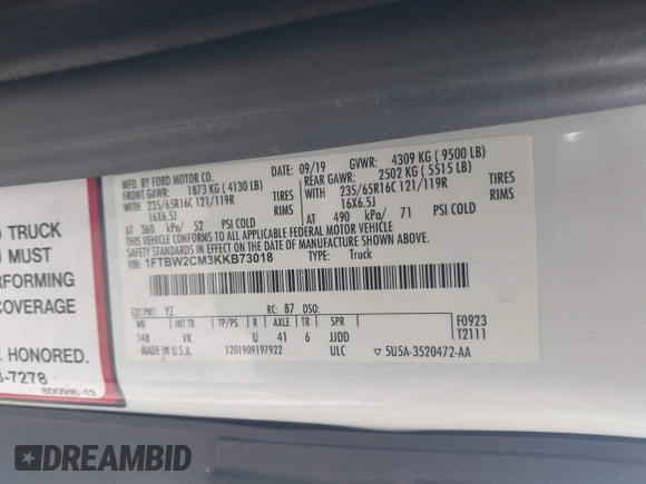 2019 Ford Transit with VIN 1FTBW2CM3KKB73018, listed as a IAAI auction lot 42240275 with 111,649 mi miles and . Bid and sale history available at DreamBid. Image 9.