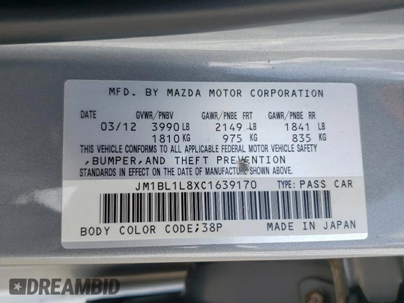2012 Mazda 3 i Touring with VIN JM1BL1L8XC1639170, listed as a Copart auction lot 63793085 with 70,904 mi miles and Salvage title. Bid and sale history available at DreamBid. Image 13.