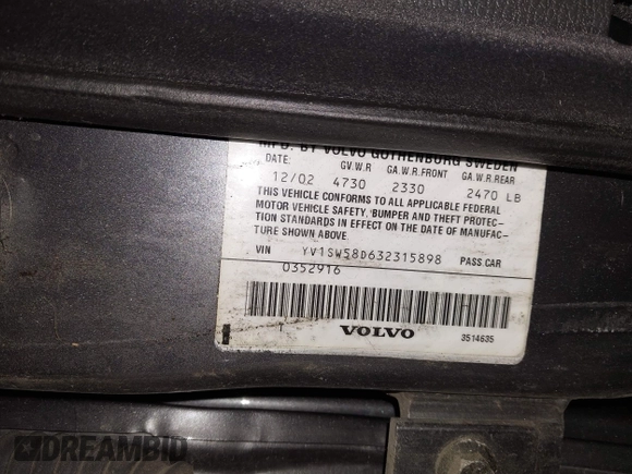 2003 Volvo V70 with VIN YV1SW58D632315898, listed as a IAAI auction lot 41317254 with 153,768 mi miles and . Bid and sale history available at DreamBid. Image 9.